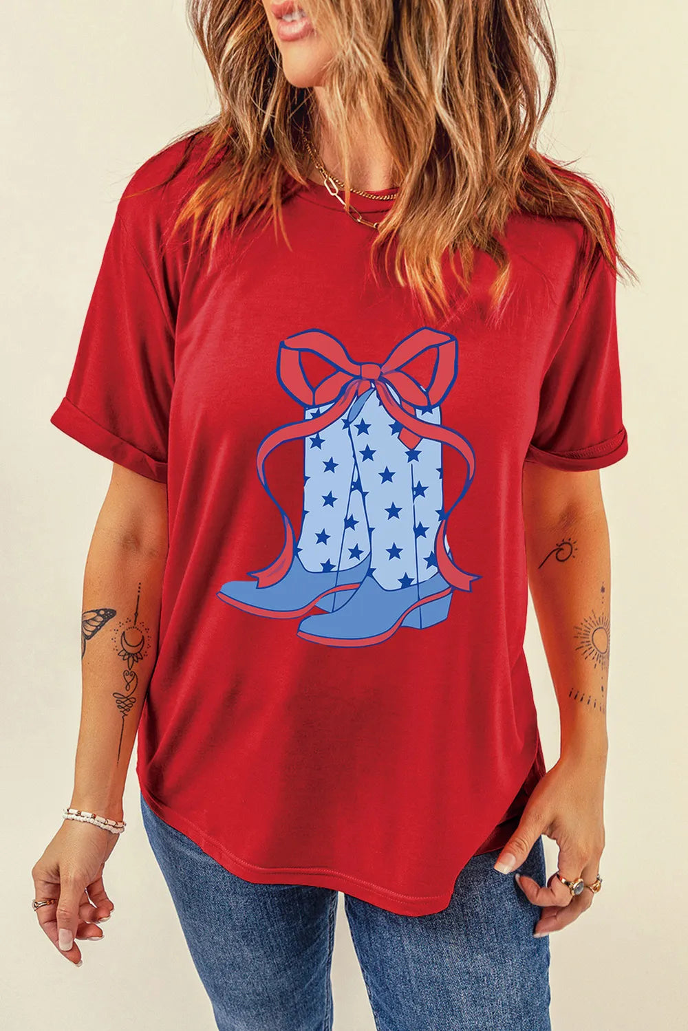 Boot Graphic Round Neck Short Sleeve T-Shirt in Black for Women