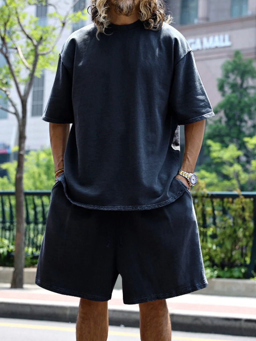 Round Neck Short Sleeve Top and Shorts Set Plus Size in Sky Blue in Black for Men