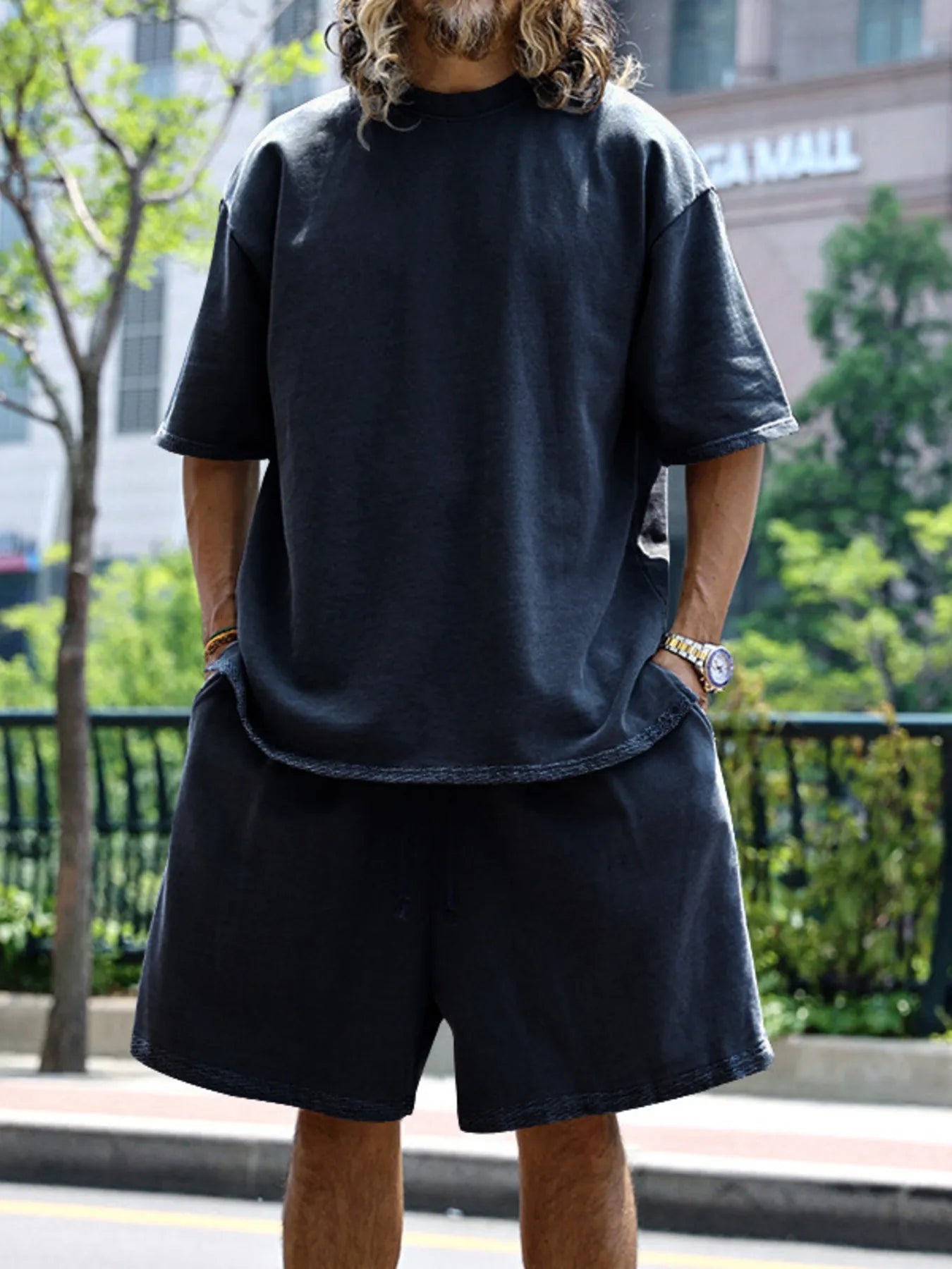 Round Neck Short Sleeve Top and Shorts Set Plus Size in Sky Blue in Black for Men