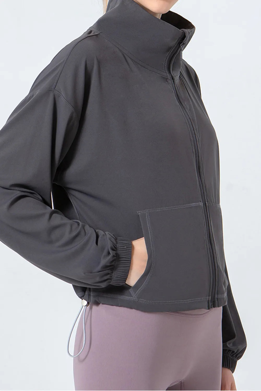 Drawstring Zip Up Dropped Shoulder Active Outerwear in Light Blue for Women