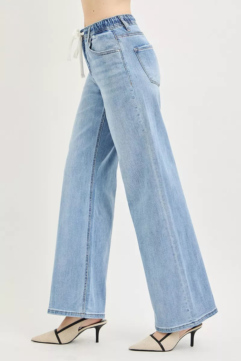 Elastic Band Slouchy Wide Jeans with Drawstring in Light for Women