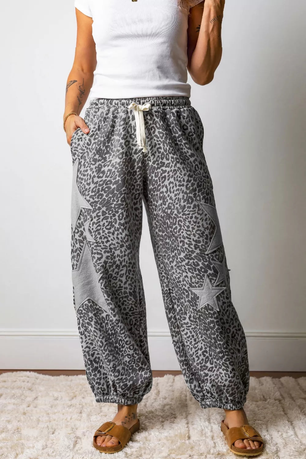 Leopard Star Patch Wide Leg Pants in Gray for Women