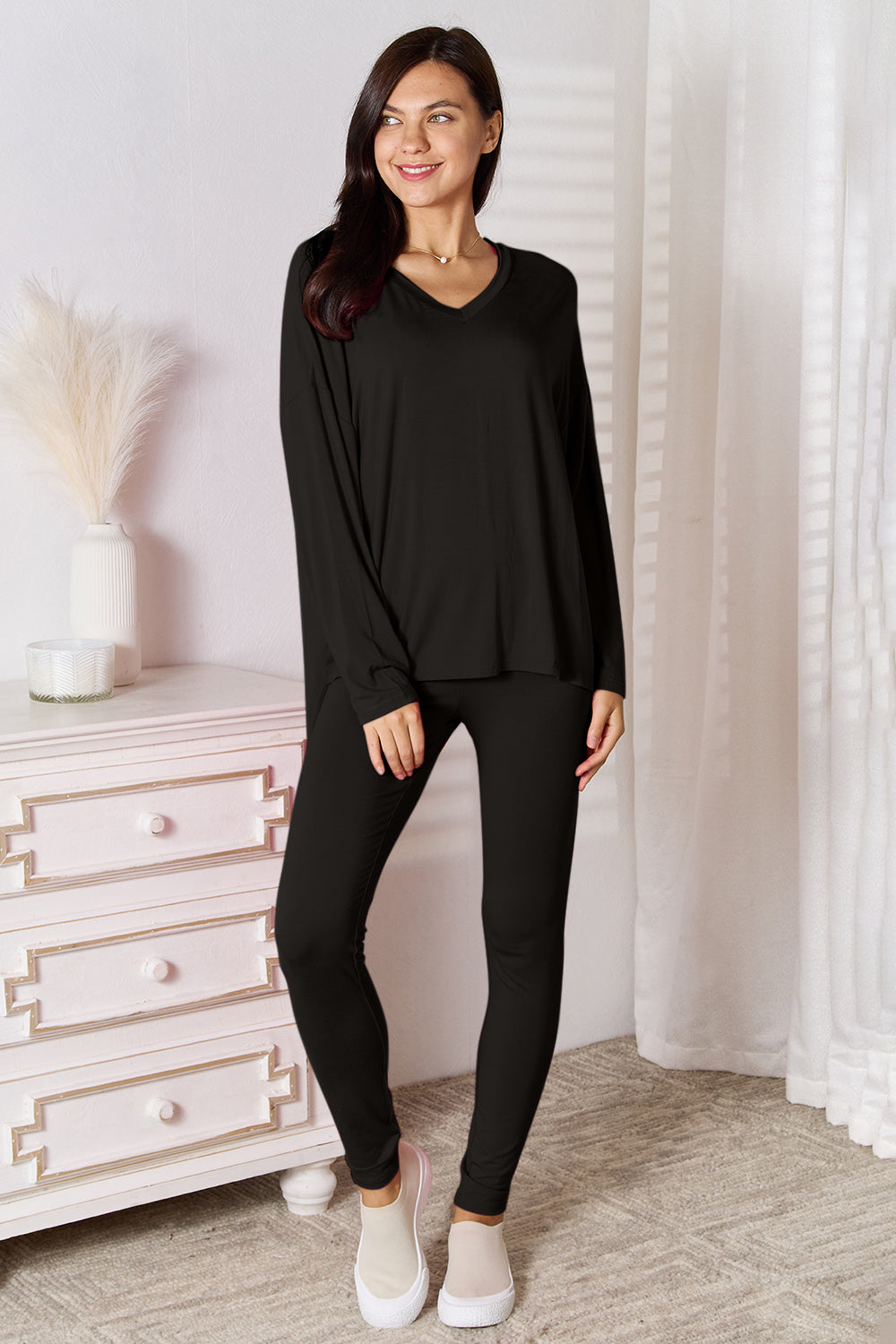 Plus Size V-Neck Soft Rayon Long Sleeve Top and Pants Lounge Set in Black for Women