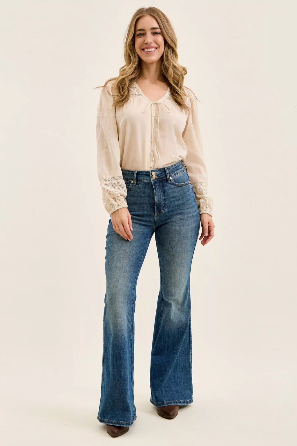 High Waist Double Button Tummy Control Flare Jeans in Dark for Women