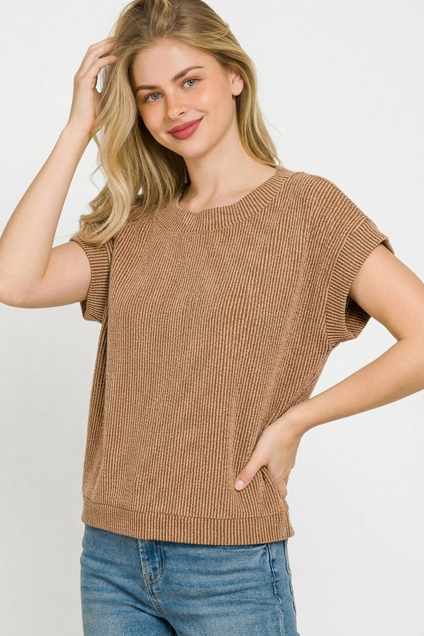 Raised Rib Cap Sleeve Top in Brown for Women