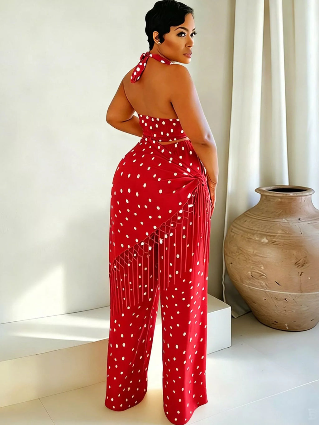 Polka Dot Halter Neck Cami and Fringe Trim Pants Set in Red for Women