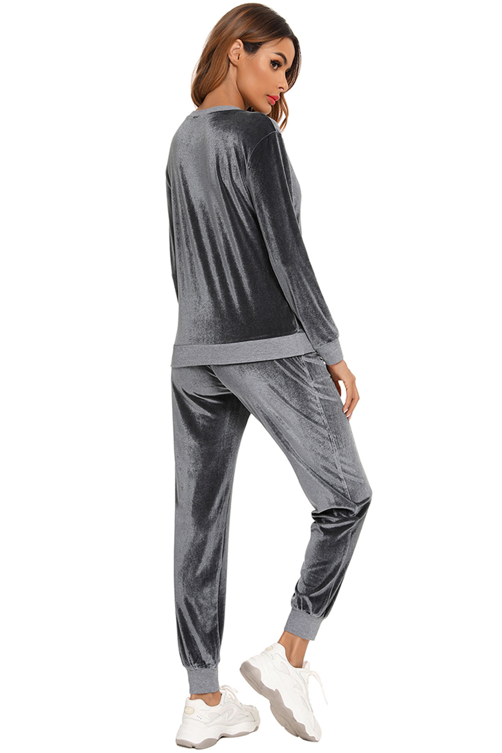 Round Neck Long Sleeve Loungewear Set with Pockets in Charcoal for Women