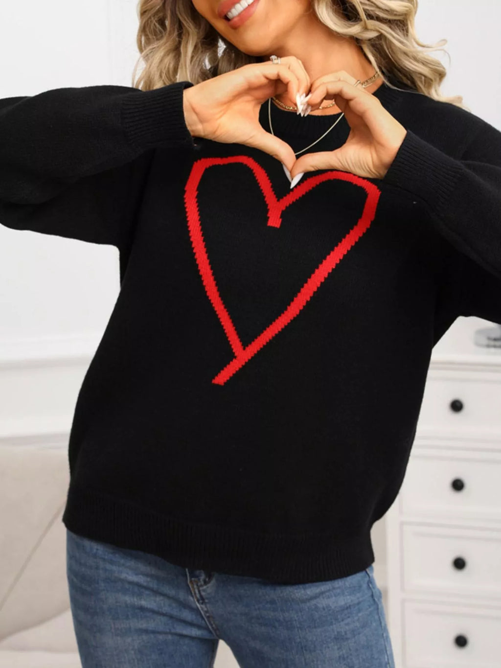 Valentines Day Heart Graphic Dropped Shoulder Sweater in Red for Women