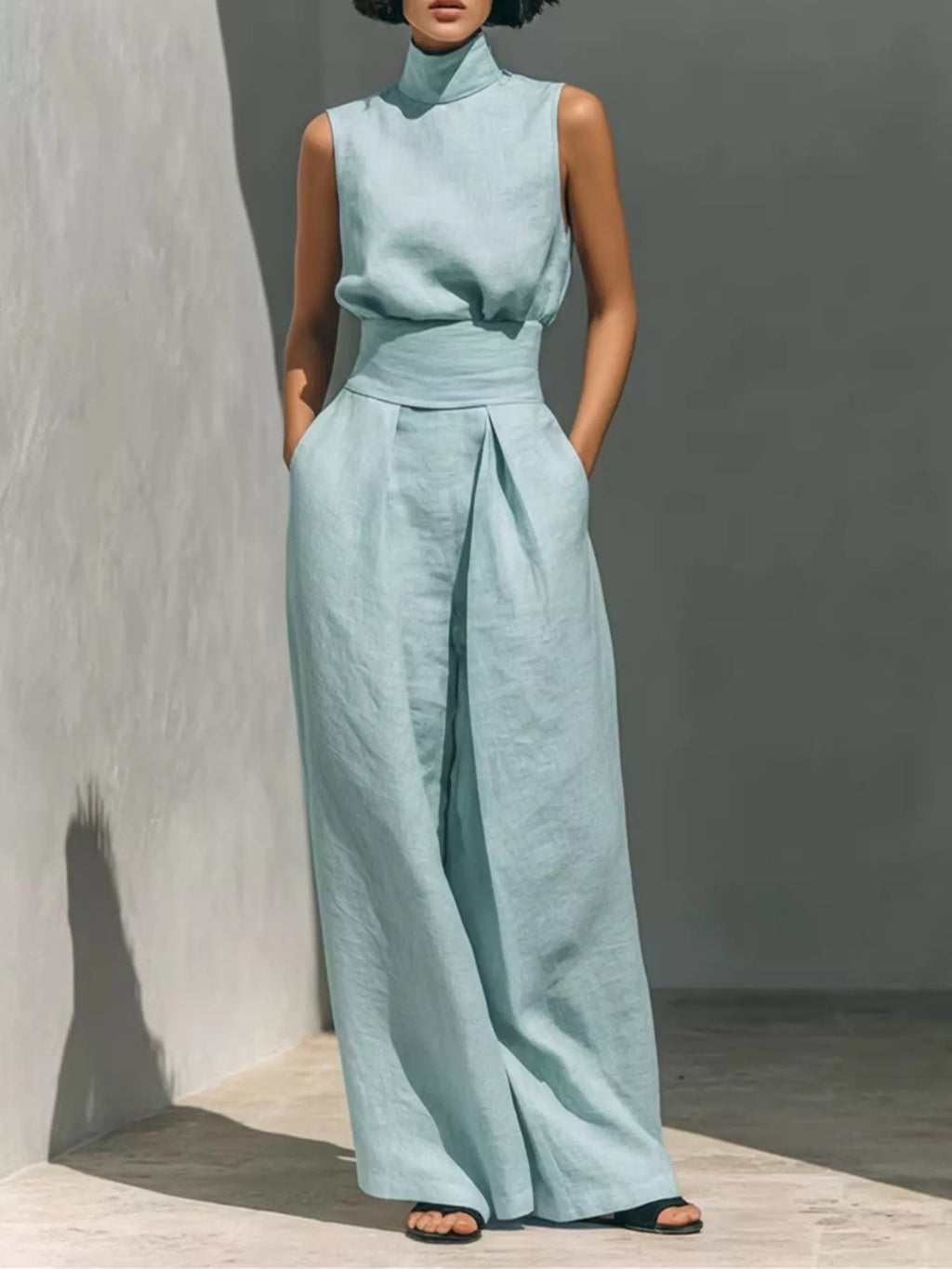 Turtleneck Sleeveless Top and Wide Leg Pants Set in Apricot for Women