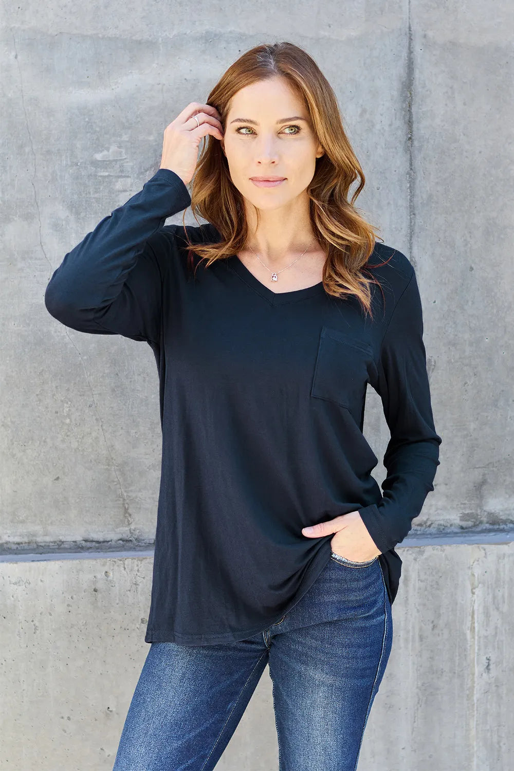 Plus Size V-Neck Long Sleeve Top in Dark Blue for Women