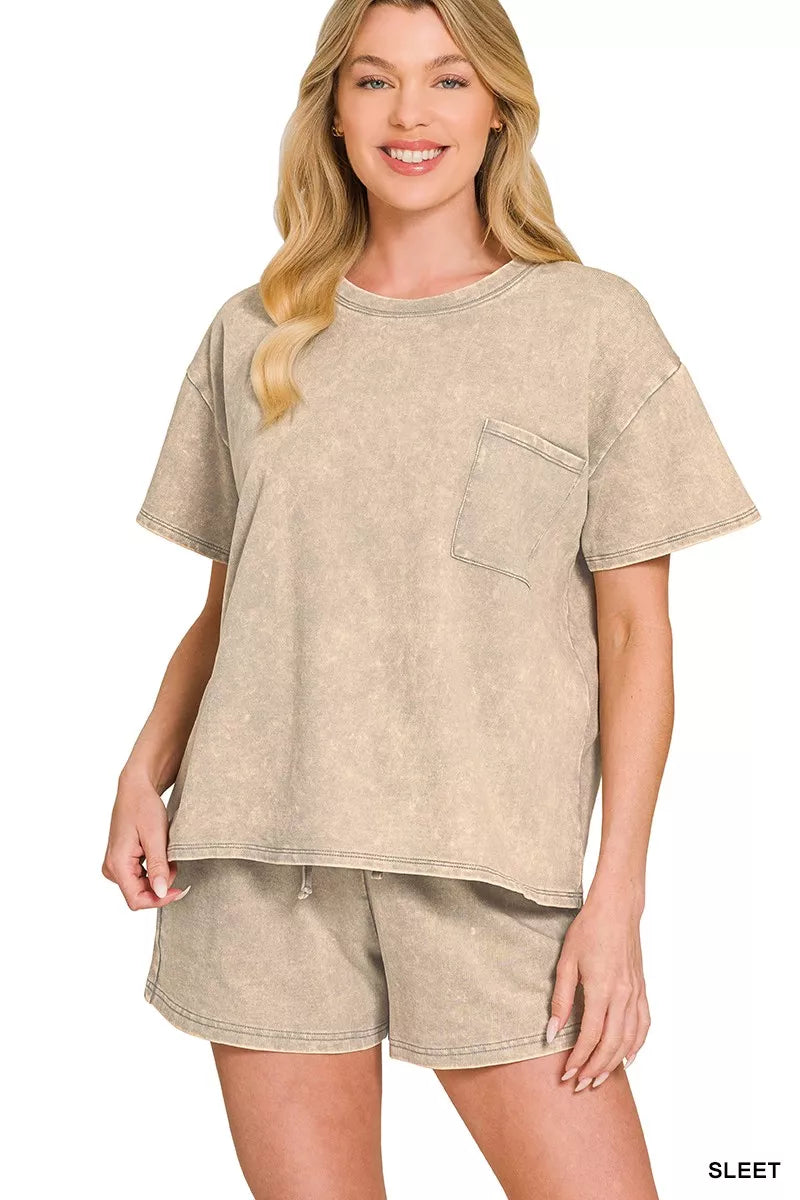 French Terry Acid Washed Relaxed Top & Short Set in Sleet for Women