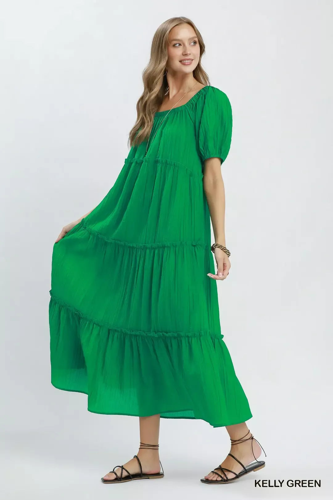 Textured Tiered Midi Dress in Kelly Green for Women