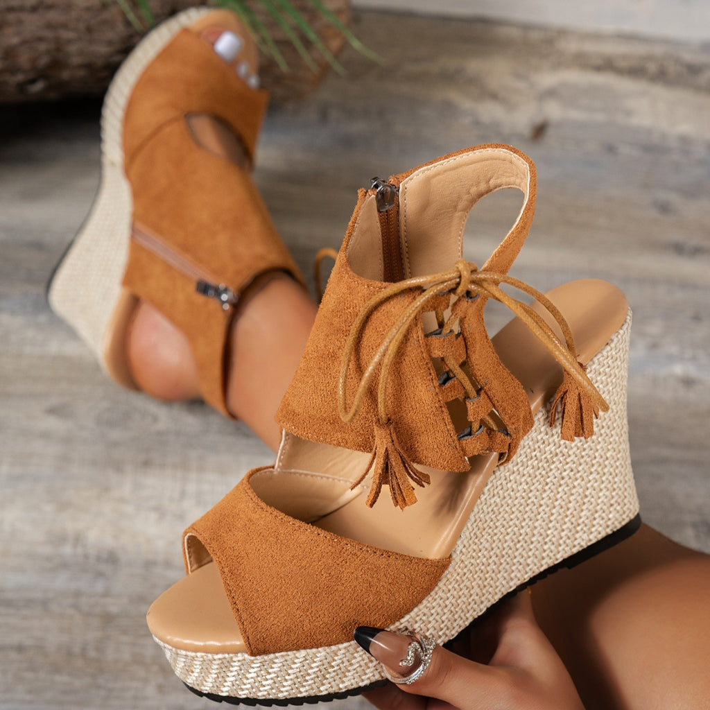 Open Toe Wedge Sandals in Brown for Women