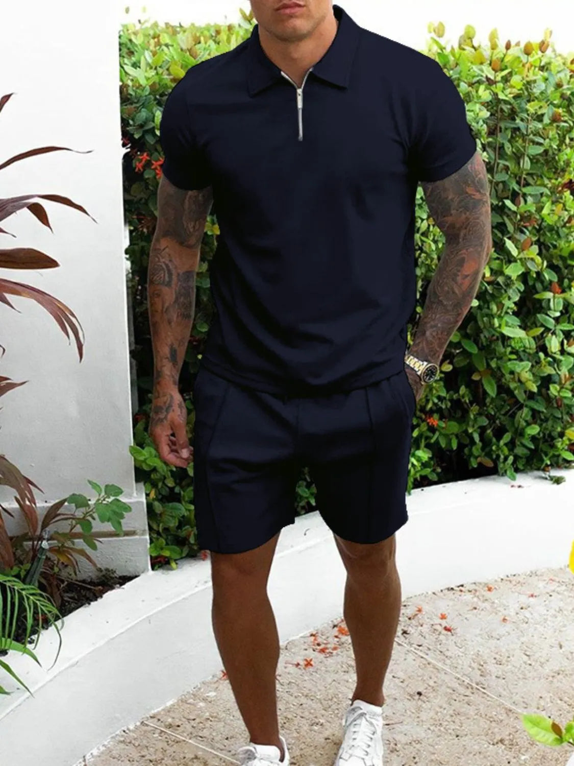 Collared Neck Short Sleeve Top and Shorts Set Plus Size in Black for Men