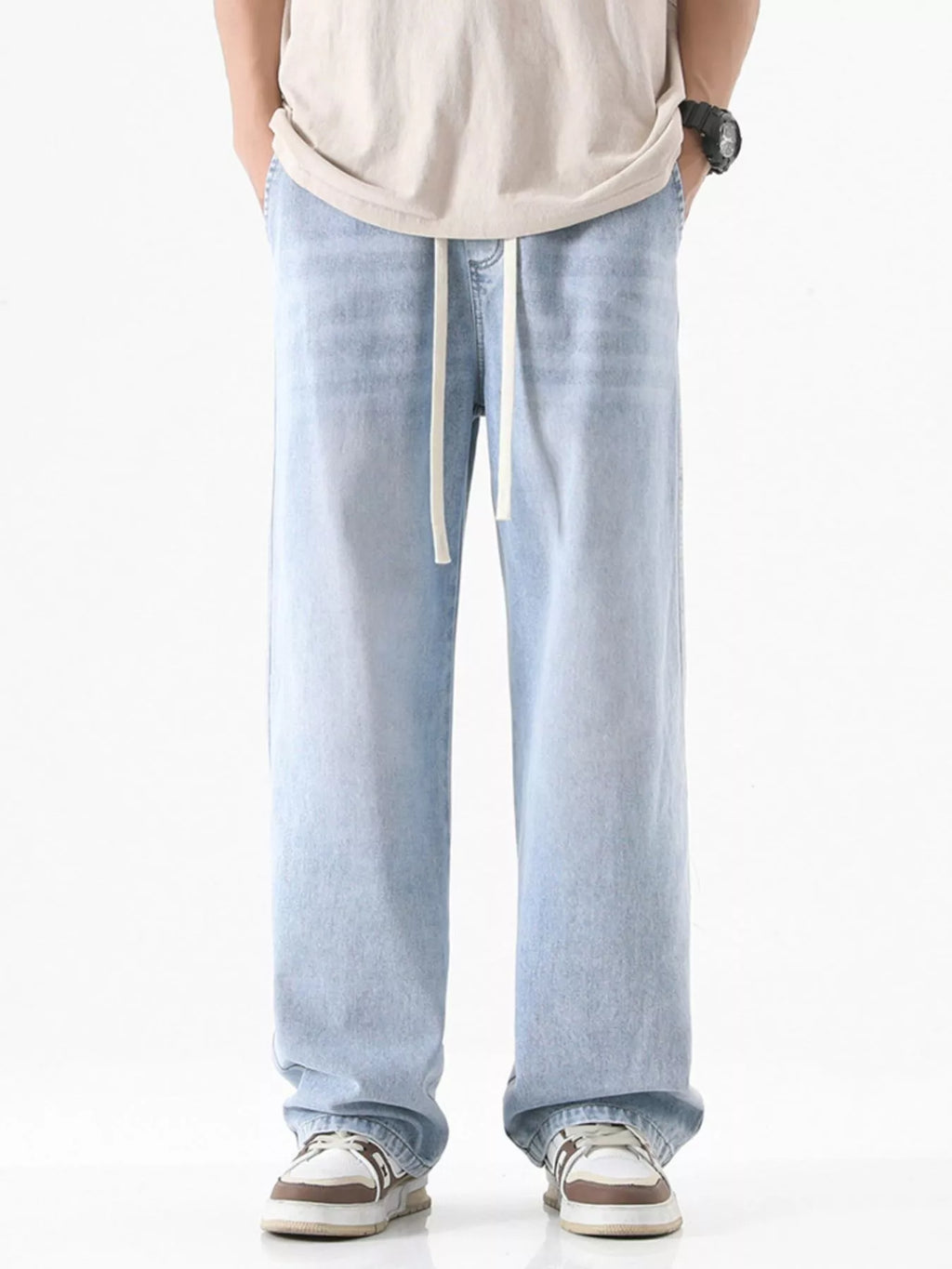 Drawstring Wash Wide Leg Jeans Plus Size in Vintage Blue for Men