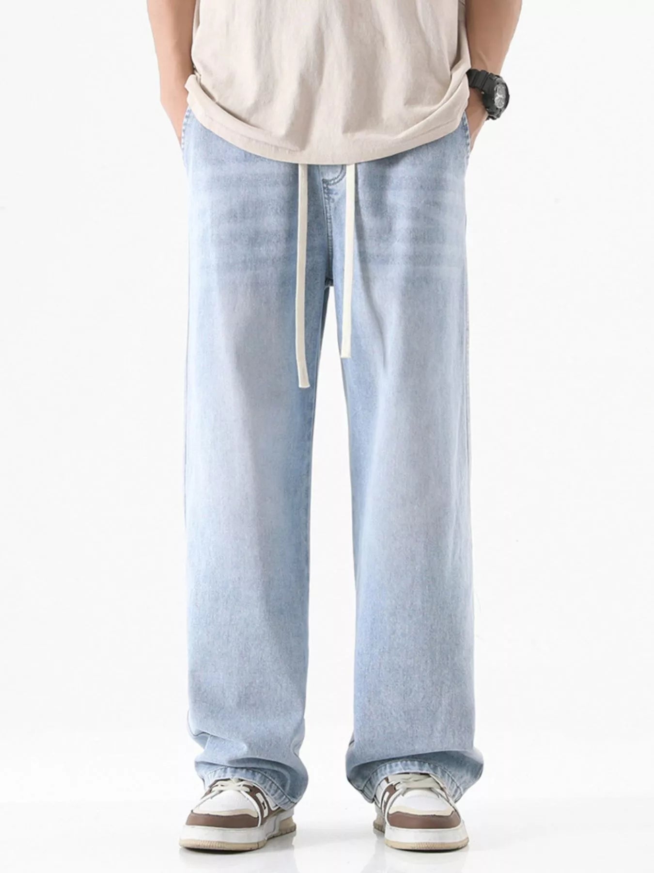 Drawstring Wash Wide Leg Jeans Plus Size in Vintage Blue for Men