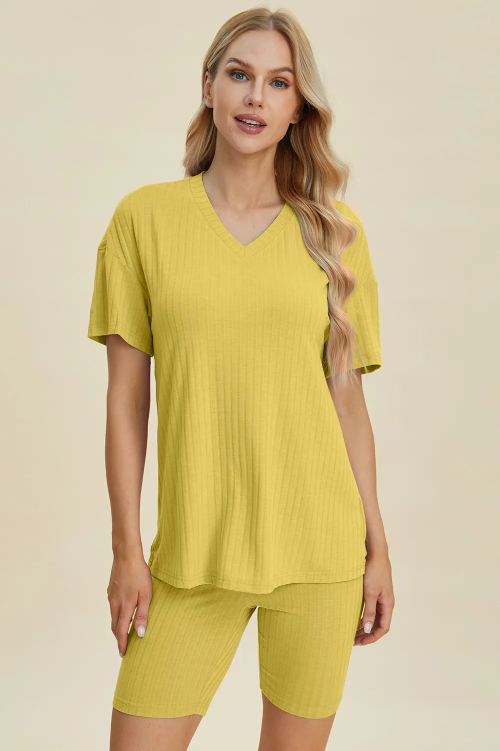 Plus Size Ribbed V-Neck Short Sleeve Top and Shorts Set in Caramel for Women