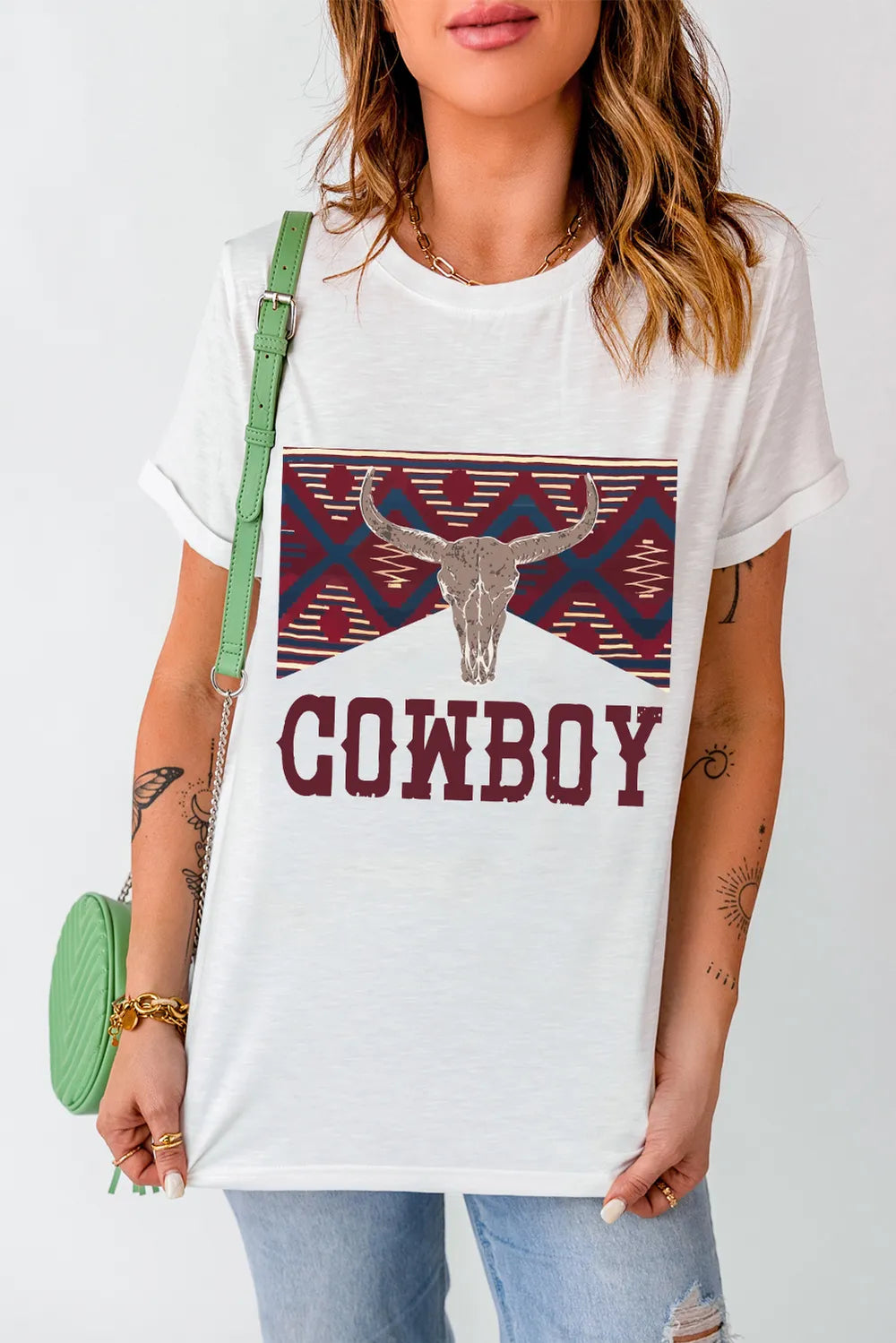 Graphic Round Neck Short Sleeve T-Shirt in Relaxed in White for Women