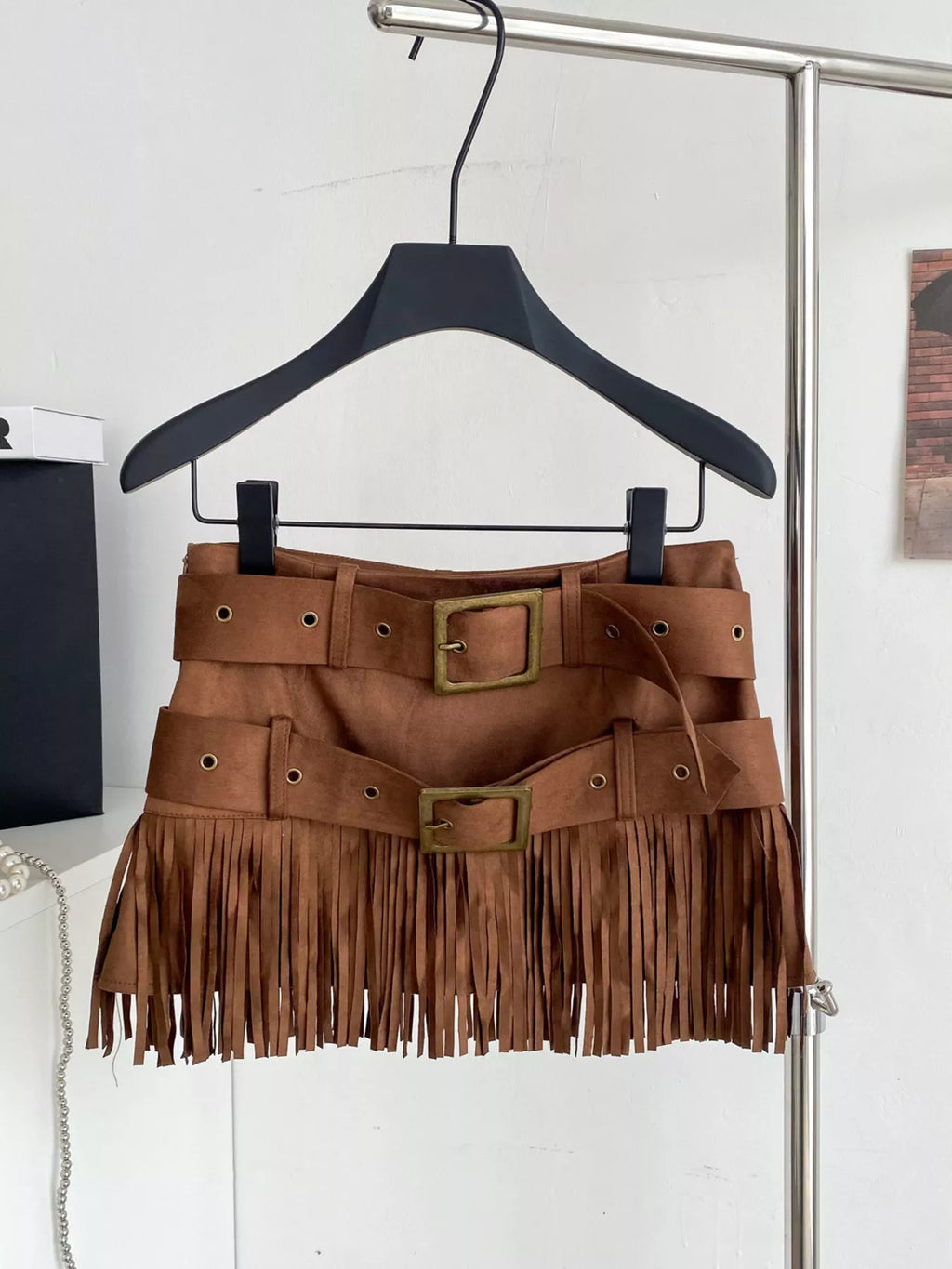 Fringe Belted Mini Skirt in Khaki for Women