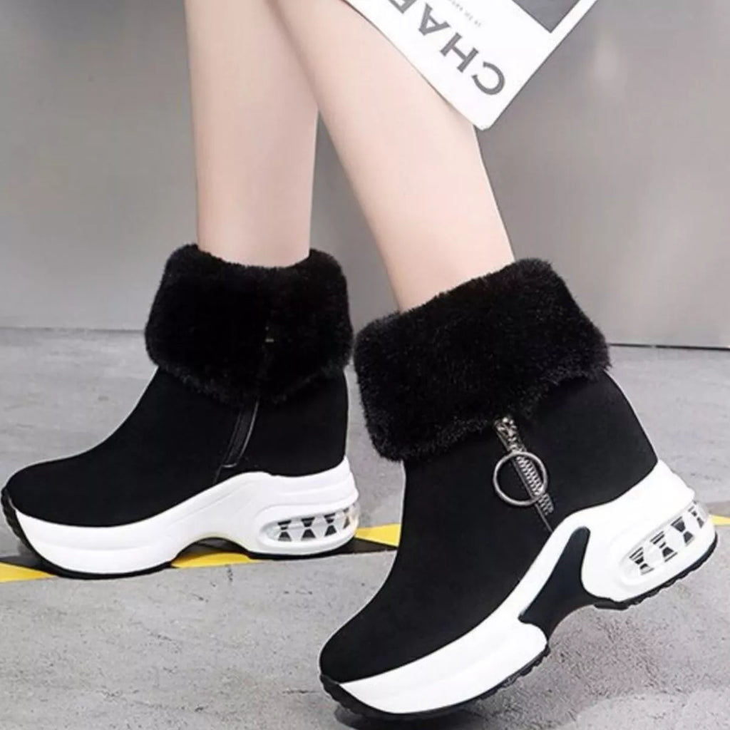 Fuzzy Side Zipper Platform Ankle Boots in Black for Women