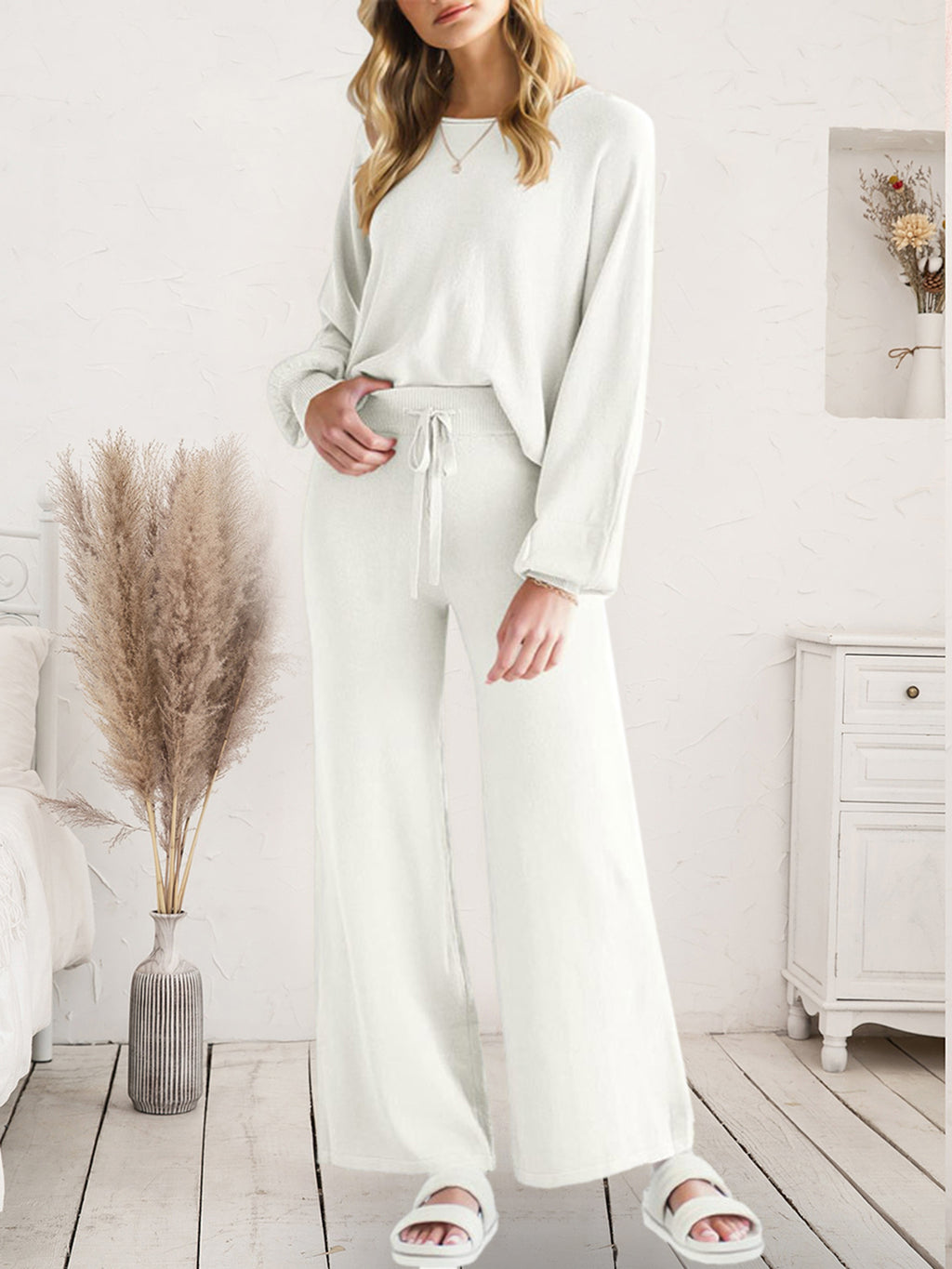 Long Sleeve Lounge Top and Drawstring Pants Set in Ivory for Women