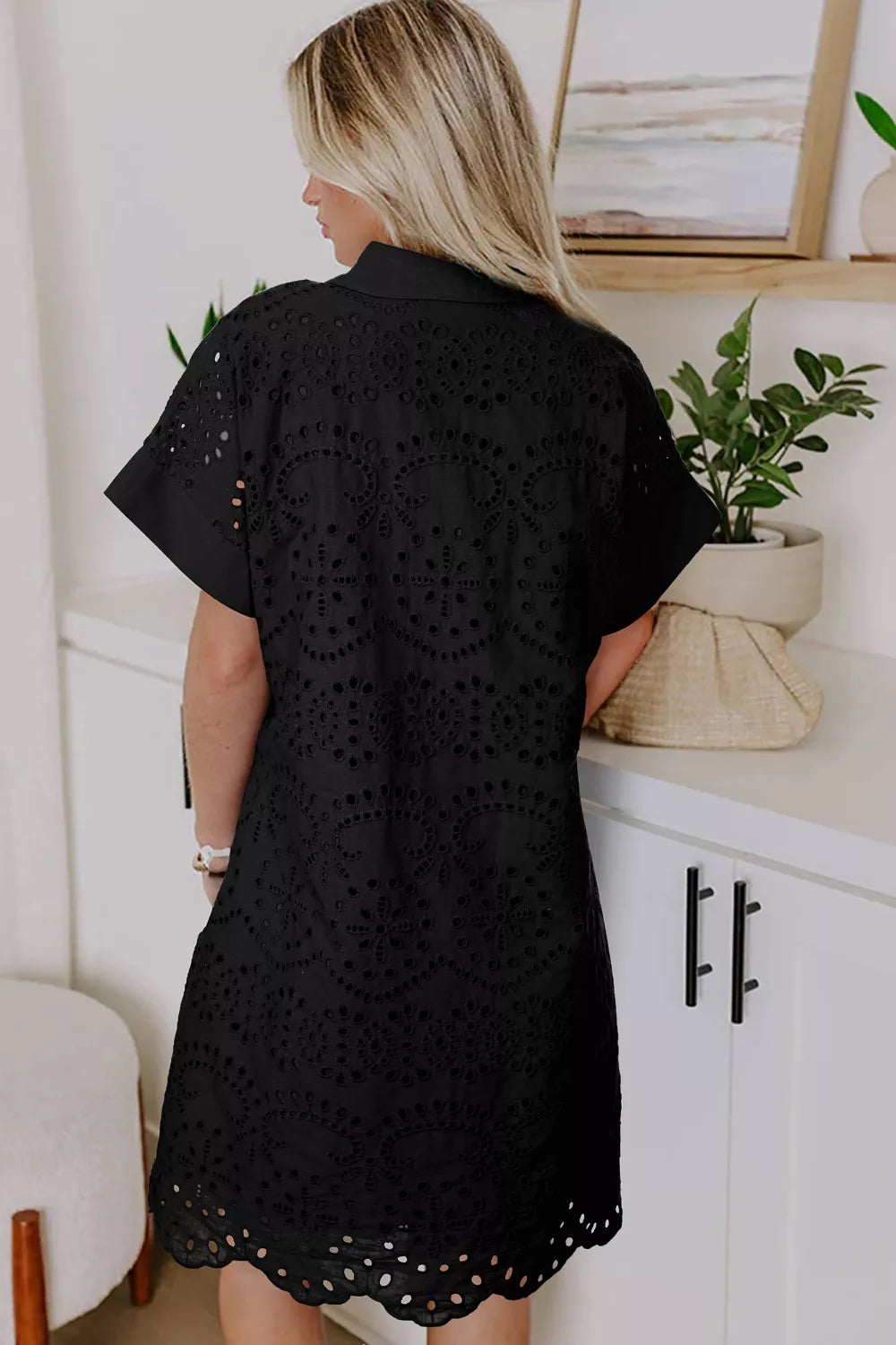 Eyelet Trim Short Sleeve Dress in Black for Women
