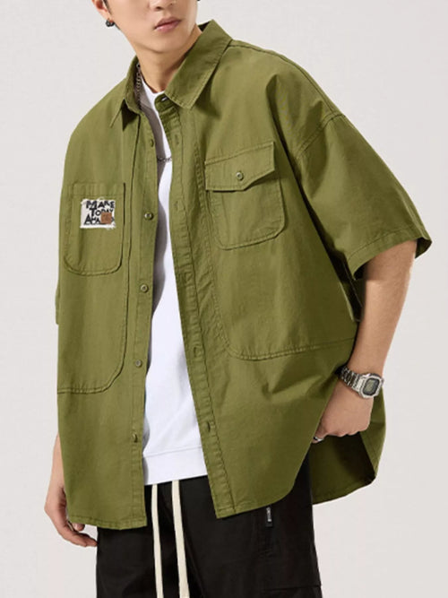 Button Up Short Sleeve Shirt Plus Size in Army Green for Men