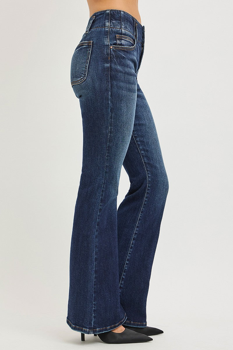 High Rise Flare Jeans with Seam Detail Waistband in Dark for Women