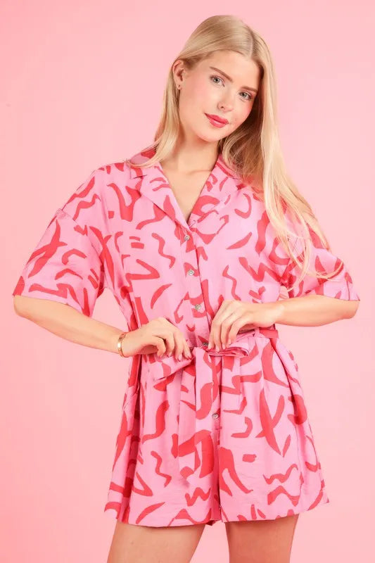 Oversized Printed Button Down Resort Romper for Women
