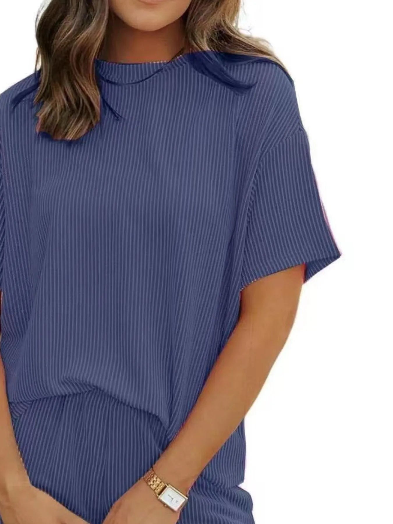Ribbed Short Sleeve Top and Shorts Two-Piece Set Plus Size in Red for Women