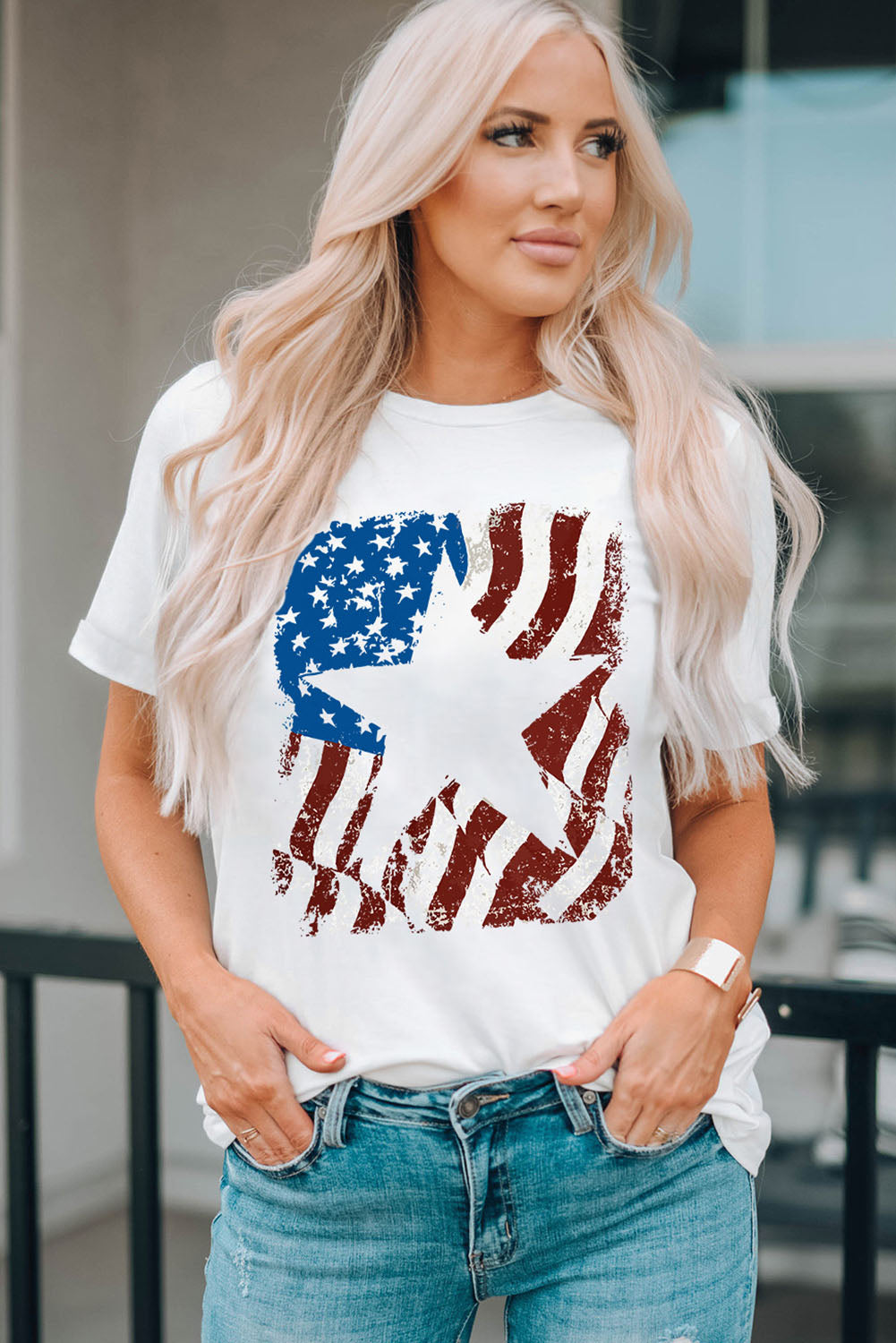 Us Flag Graphic Round Neck Tee in White for Women