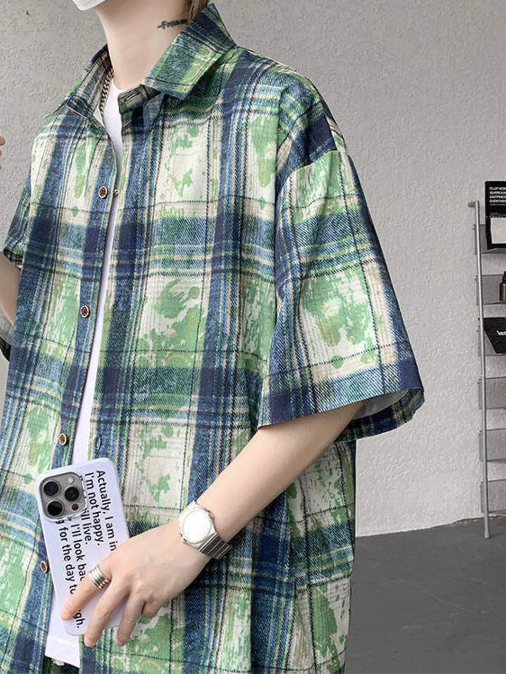 Plus Size Casual Plaid Print Shirt & Shorts Set in Blue for Men