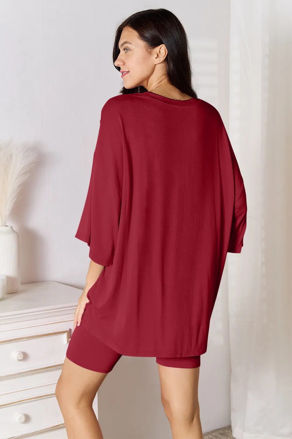 Plus Size Soft Rayon Three-Quarter Sleeve Top and Shorts Set in Sky Blue for Women