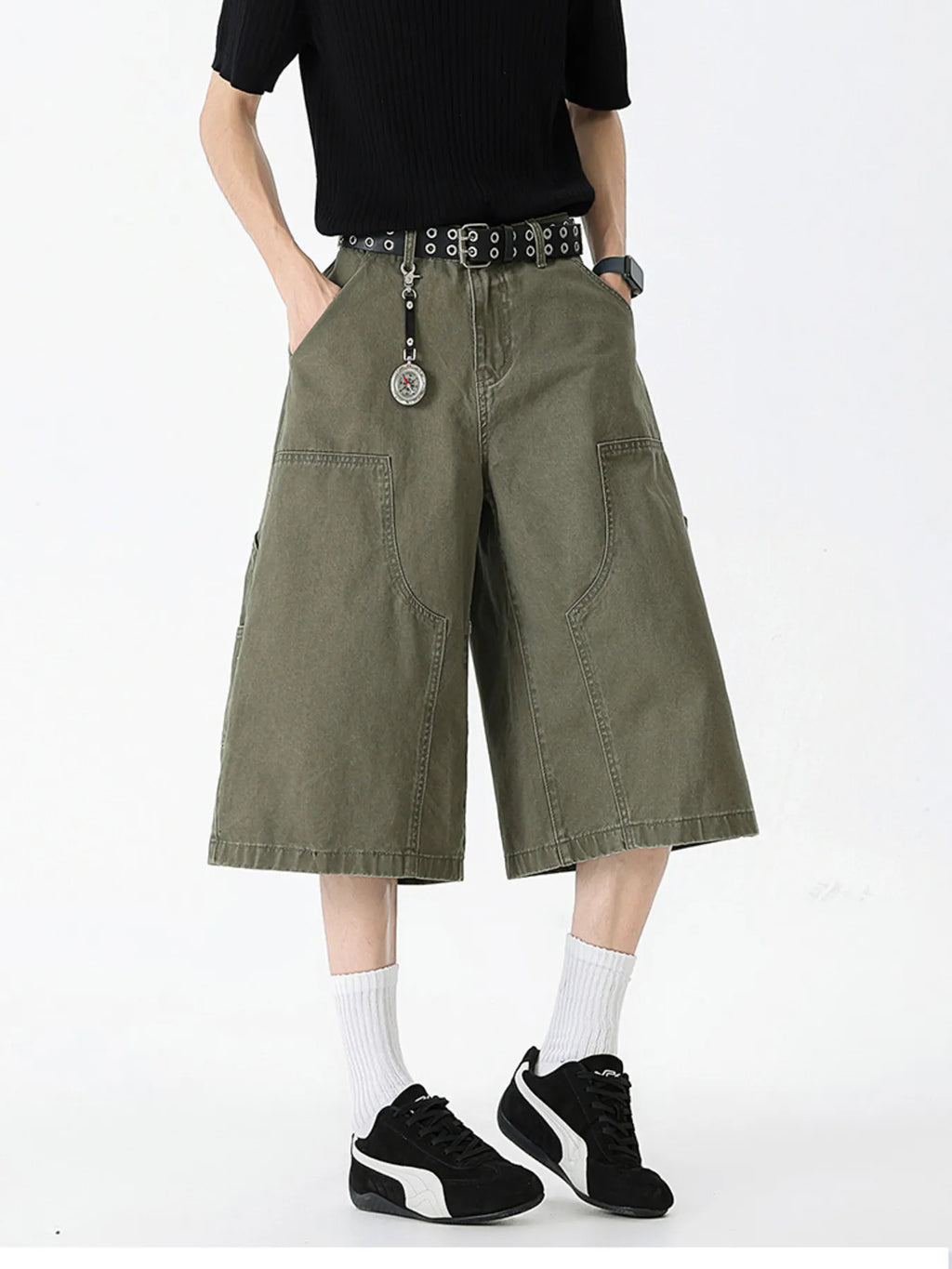 Wide Leg Cargo Denim Shorts Plus Size in Off-White for Men