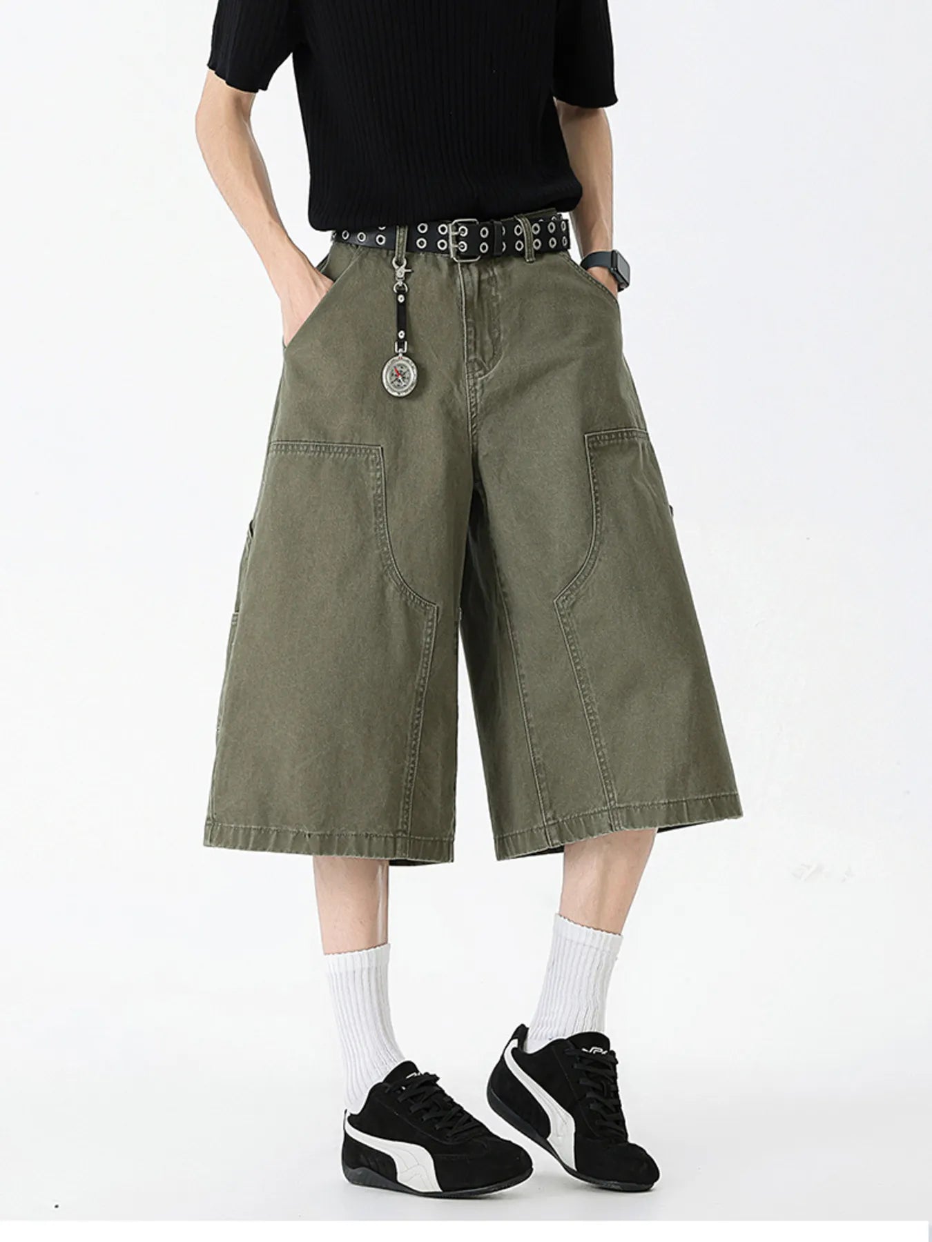 Wide Leg Cargo Denim Shorts Plus Size in Off-White for Men