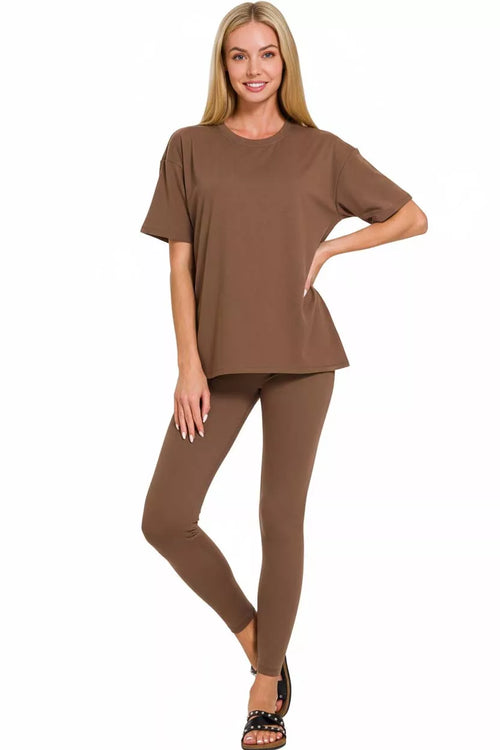 Brushed Dty Microfiber Short Sleeve Top and Pants Loungewear Set Plus Size in Brown for Women