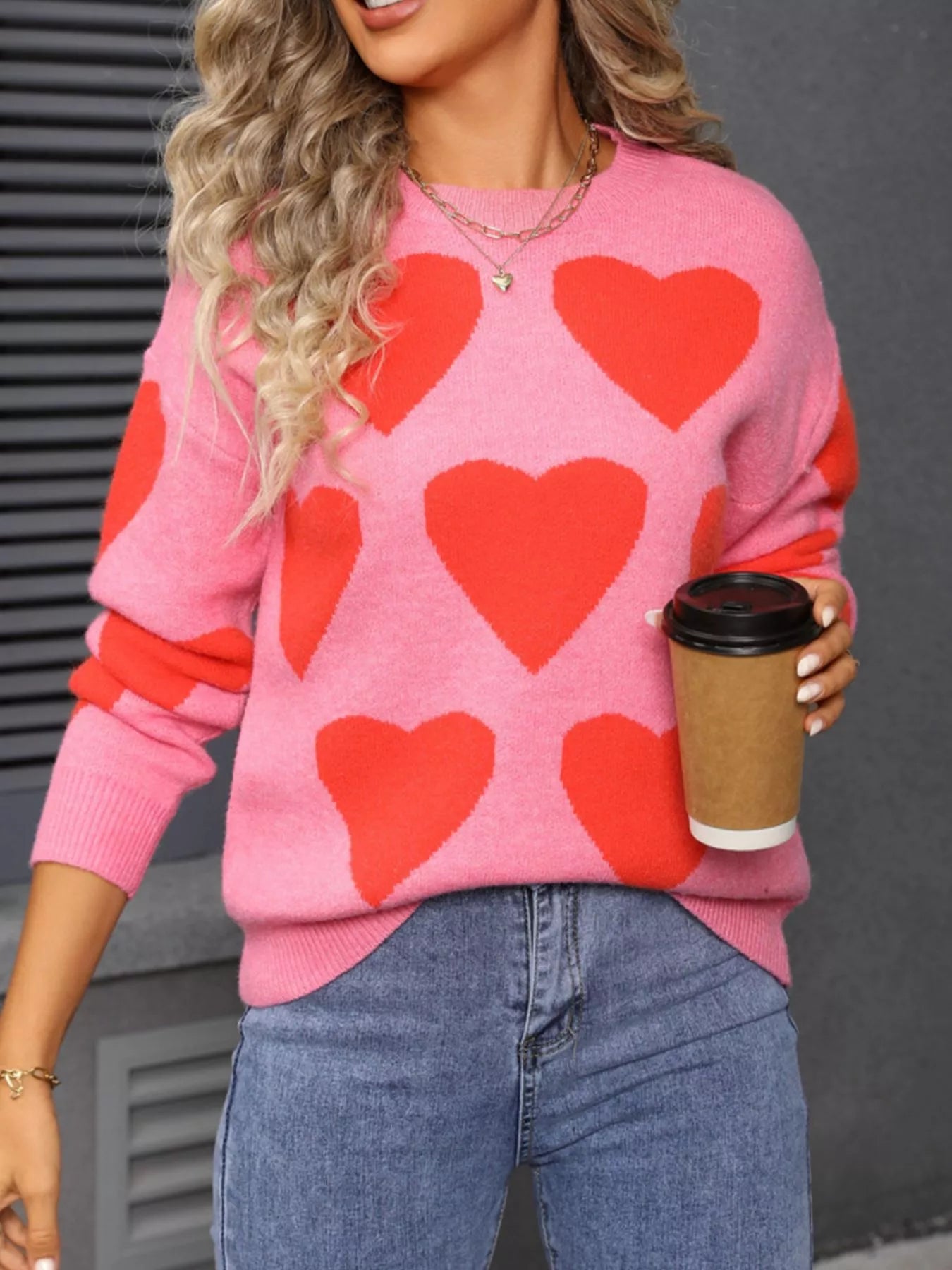 Valentines Day Heart Round Neck Knitted Sweater in Rose Red for Women