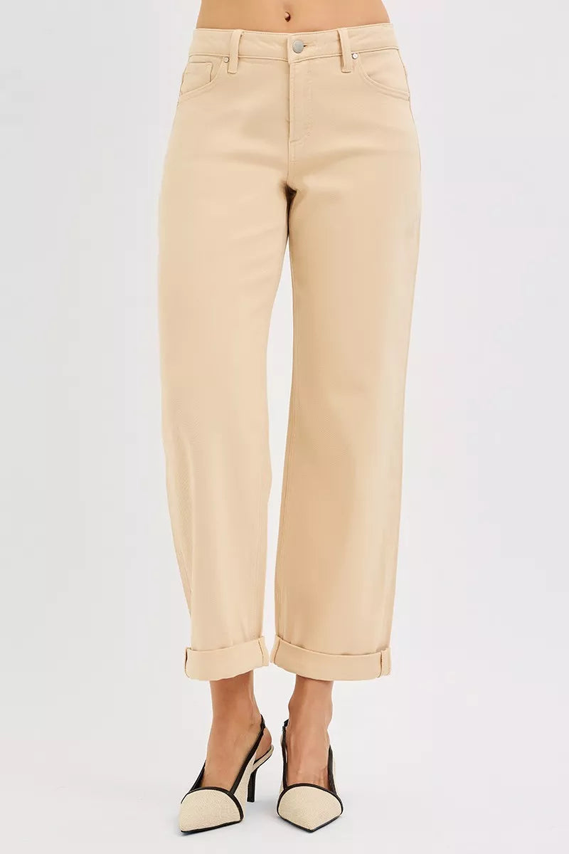 Tummy Control Mid Rise Ankle Barrel Relaxed Baggy in Butter Milk for Women