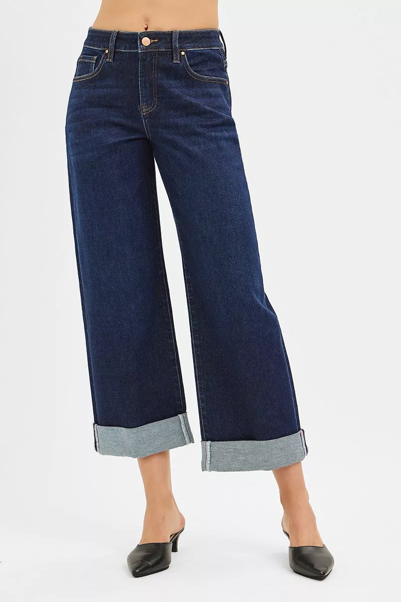 Mid Rise Fit Ankle Wide Roll Up Jeans in Dark for Women