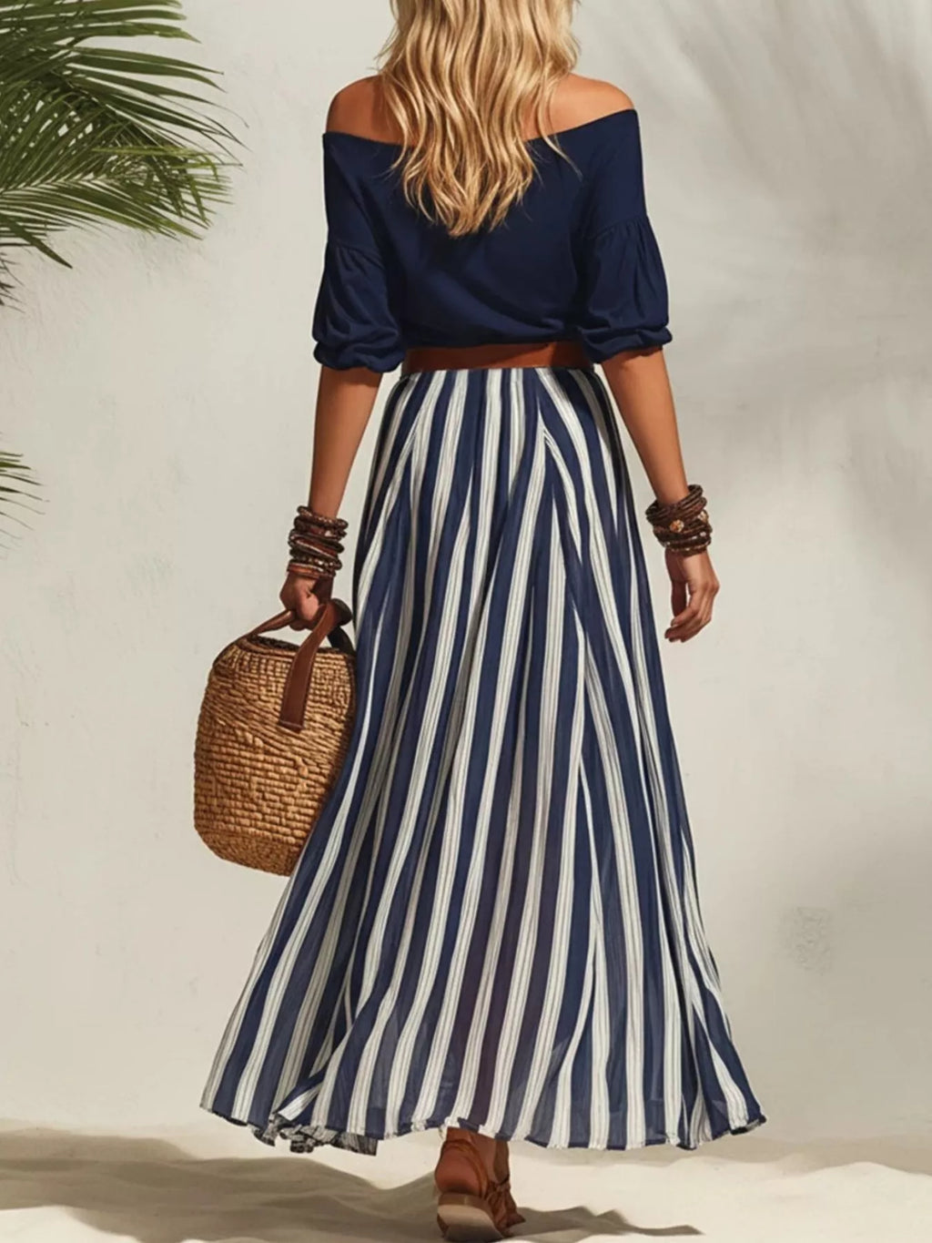 Off Shoulder Top and Striped Maxi Skirt Set in Navy for Women