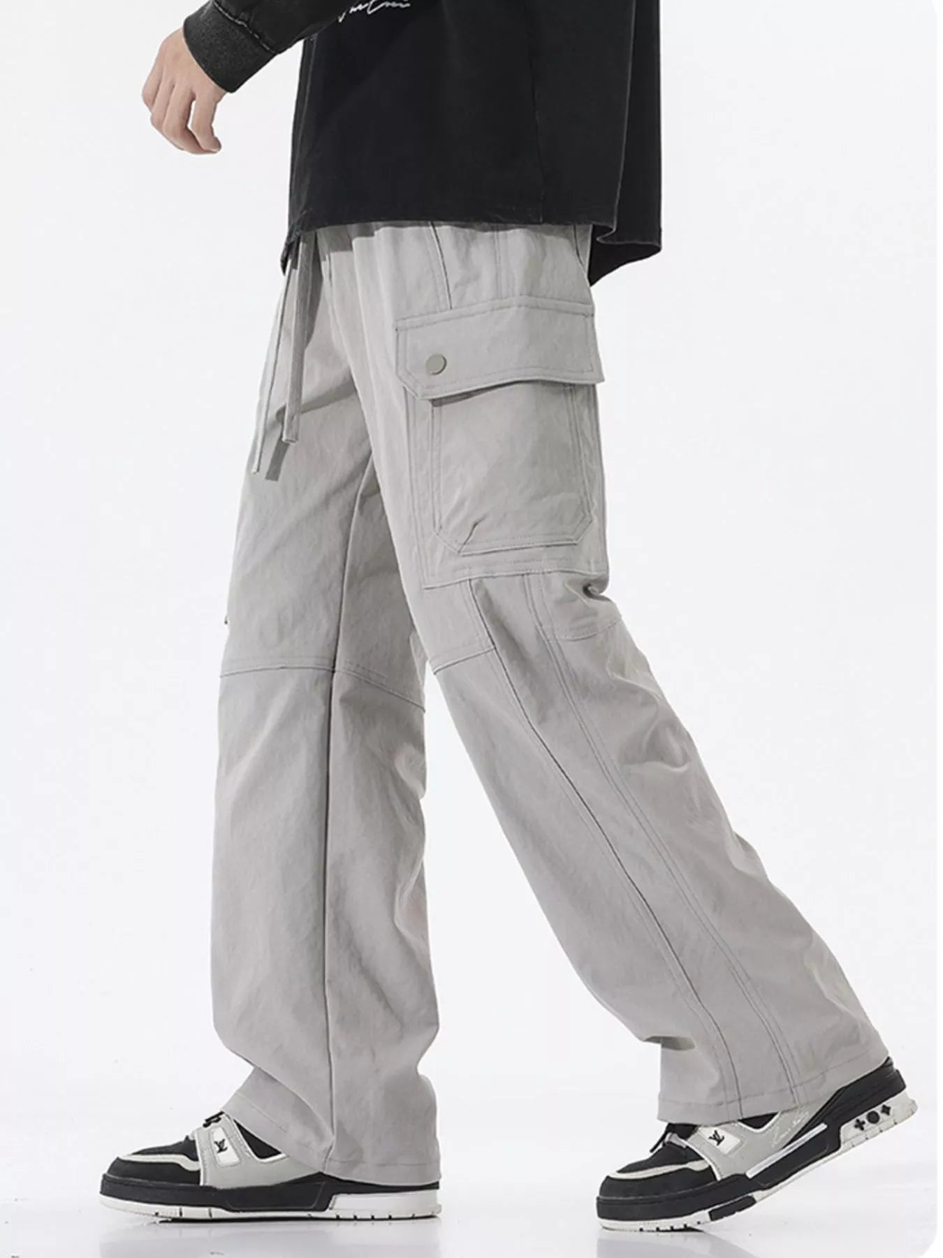 Drawstring Cargo Wide Leg Pants Plus Size in Coffee for Men
