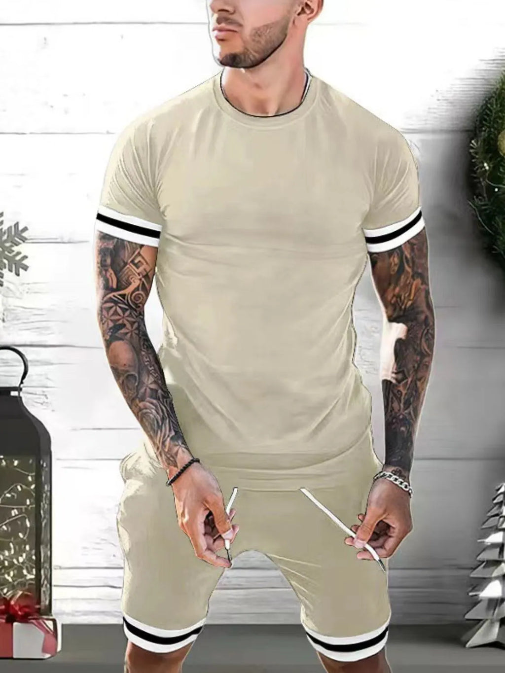 Plus Size Round Neck Short Sleeve Top and Shorts Set in Classic in Black for Men