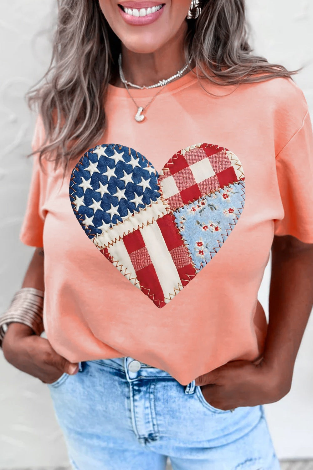 Patriotic Heart Round Neck Tee in Pale Blush for Women
