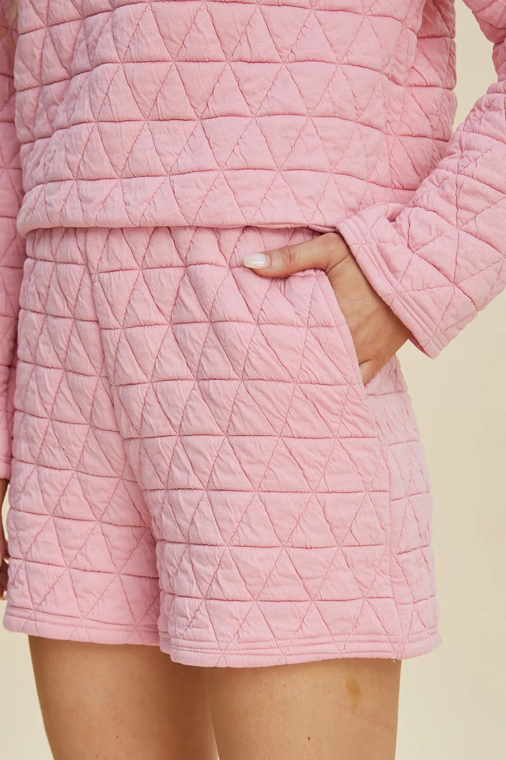 Plus Size Texture Round Neck Long Sleeve Top and Shorts Set in Pink in Black for Women