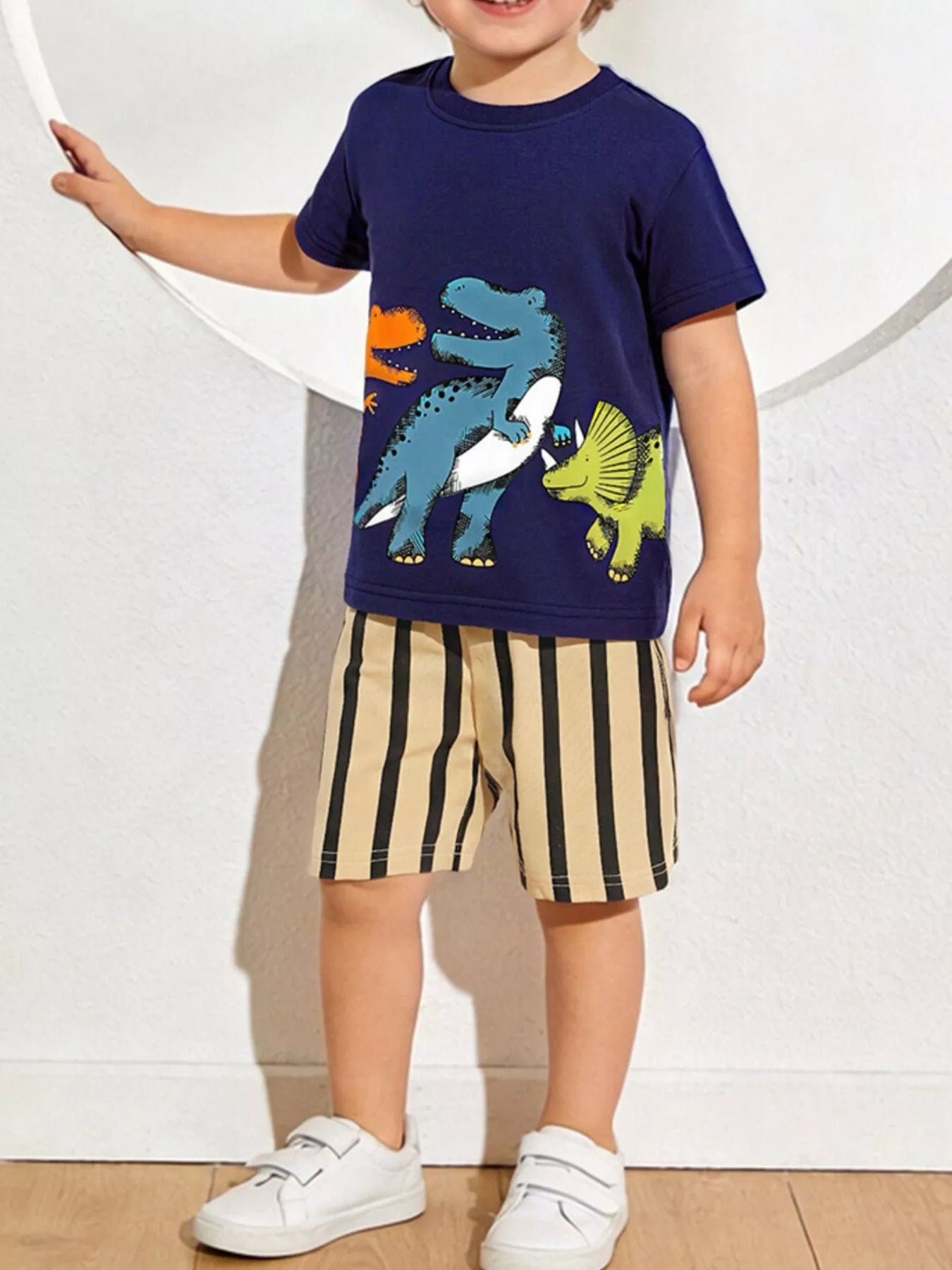 Dinosaur Print Casual Tee and Shorts Set in Dark Navy for Boys