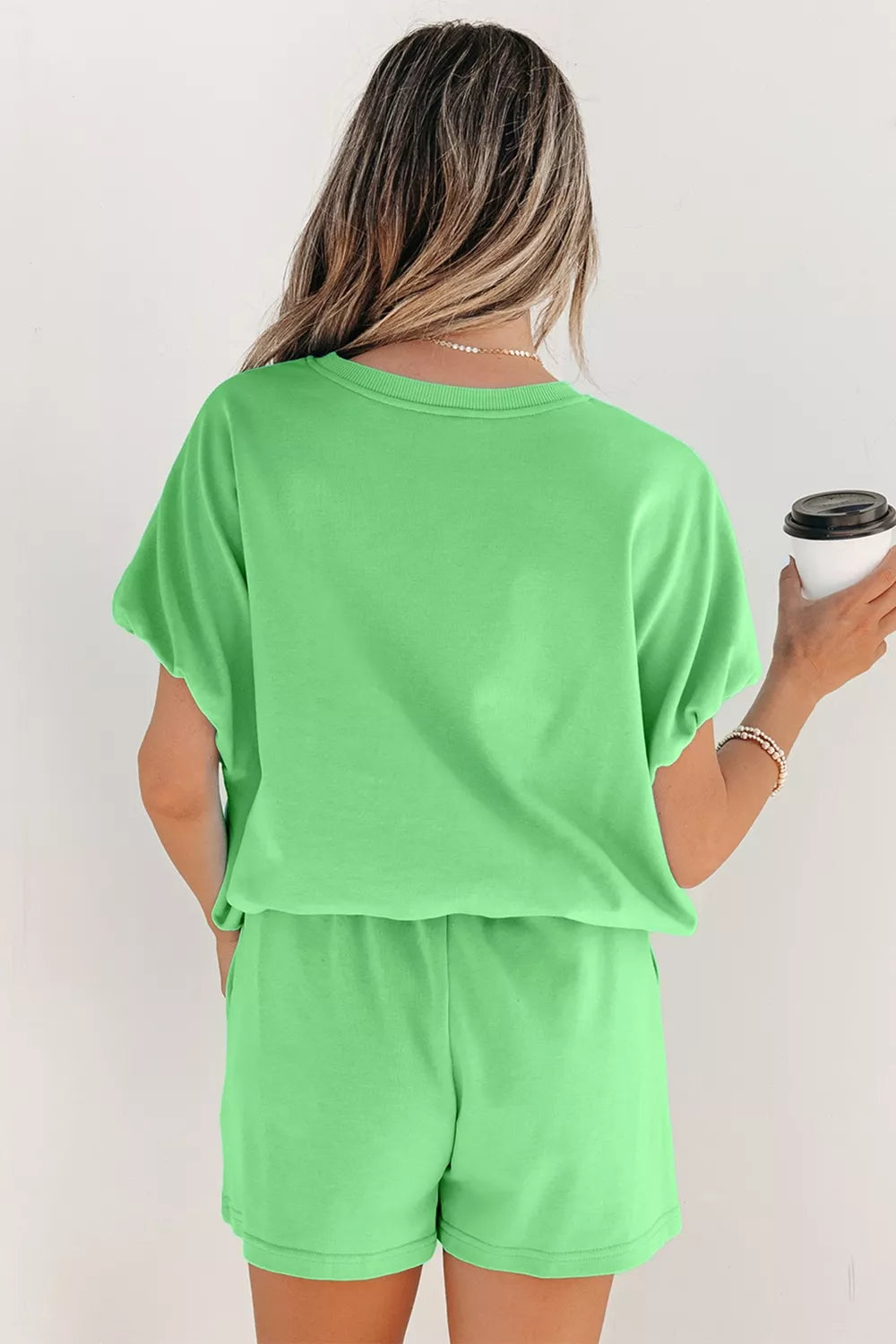 Solid Color Puffy Loose Top Drawstring Shorts Two-Piece Outfit in Green for Women