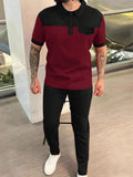 Waffle-Knit Contrast Top and Pants Set Plus Size in Burgundy for Men
