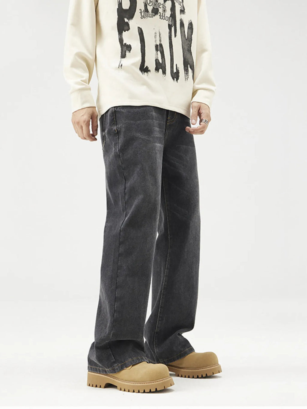Plus Size Wash Wide Leg Relaxed Fit Jeans in Black for Men