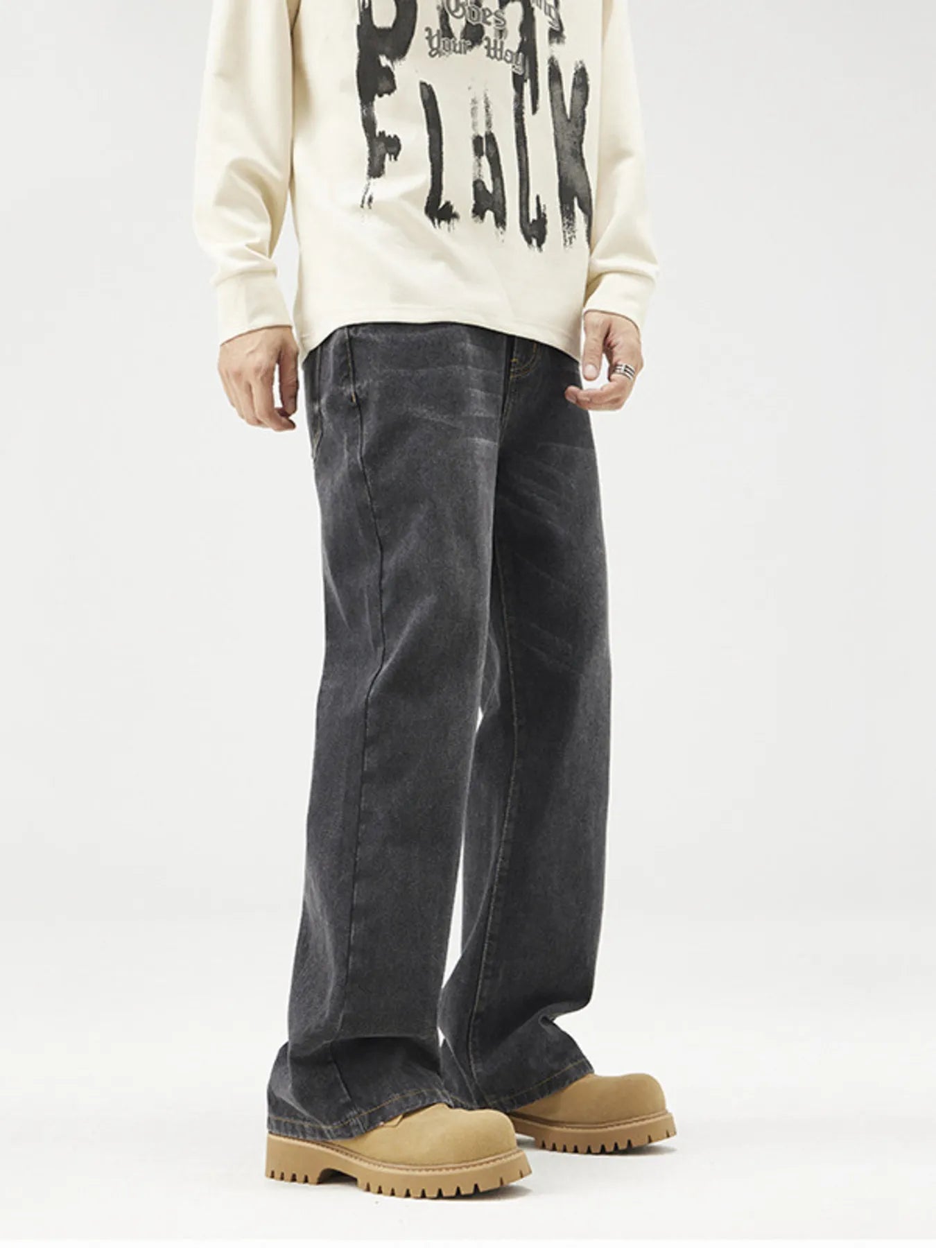 Plus Size Wash Wide Leg Relaxed Fit Jeans in Black for Men