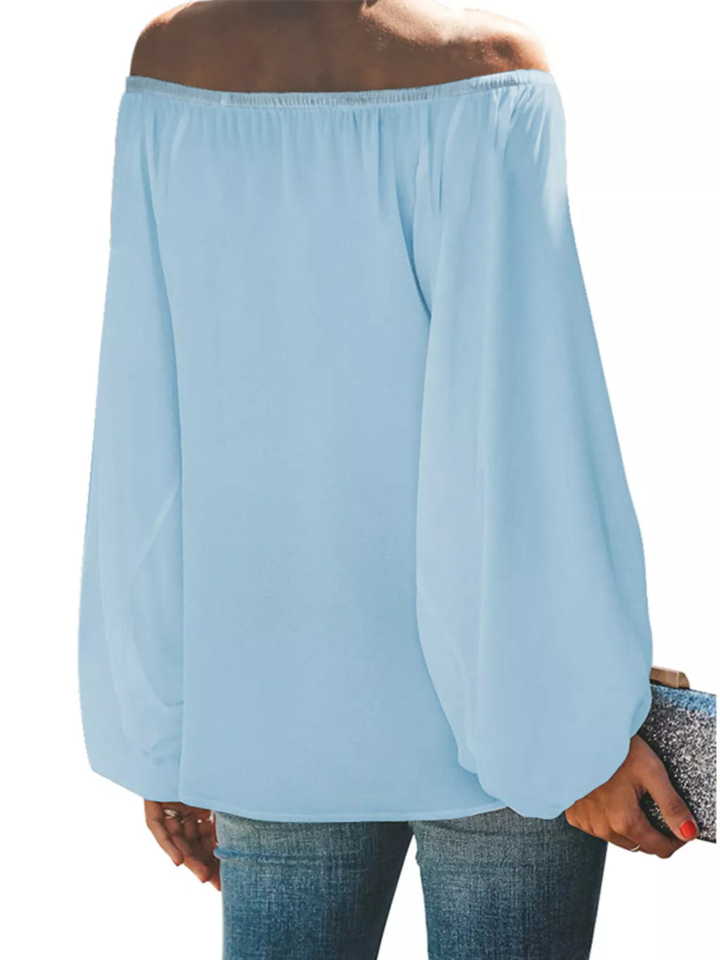 Off-Shoulder Balloon Sleeve Blouse Plus Size in Green for Women